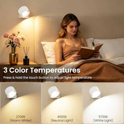Koopala LED Wall Sconces, Wall Mounted Lamps with Rechargeable Battery Operated Dim 3 Brightness Removable Charging 360°Rotate Magnetic Ball, Cordless Wall Light for Reading Study Bedside Hallway - color: White-A