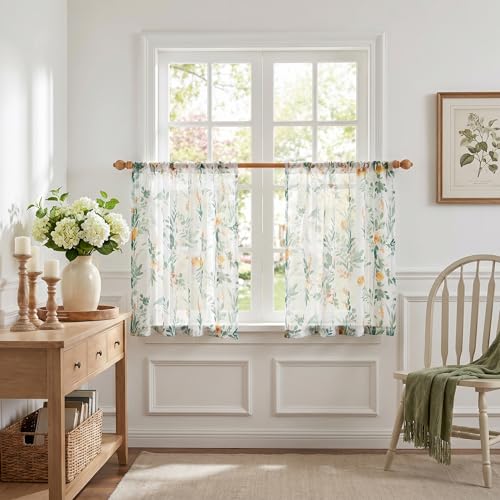 MYSKY HOME Green Floral Sheer Cafe Curtains 36 Inches Long - color: Green, size: 52"W x 36"L (Pack of 2)