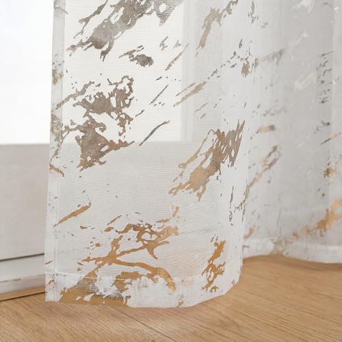 Horaldaily 2Pcs White Sheer Curtains 52x63in, Silver Sequin Marble - color: White and Sliver, size: 52"W x 63"L (Pack of 2)