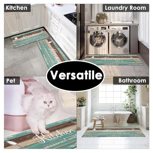 Arttown Anti-Fatigue Kitchen Rug Set of 2, Waterproof Non-Slip, Farmhouse - color: Teal Tablespoon Kitchen Mat, size: 17.3 x 47 inch + 17.3 x 29 in