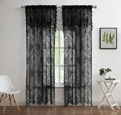 Warm Home Designs Black Lace Curtain Panels with Valances. L Black 63 - color: Black, size: 54"W x 63"L (Pack of 2)