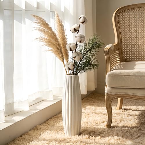 White Tall Ceramic Floor Vase, 17.7 Inch, Ribbed Drum Design - color: Vertical Stripes, size: Height-17.7 Inch