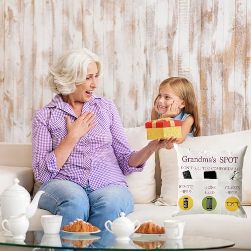 ONFAON Grandma Gifts, Grandma's Spot Throw Pillow Covers 18x18 Inch,Put Phone Glasses and Remote Control Pillowcase,Birthday Christmas Thanksgiving Day Gifts for Grandma Mom,3-Pocket - color: Grandma 3-pocket