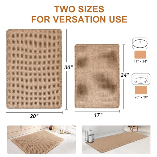 Luxury Waffle Bath Mat, Super Absorbent Non Slip Bathroom Rugs, Boho Ultra Soft Comfort Machine Washable Quick Dry Floor Mats with Tassels (Brown, 17" x 24" + 20" x 30") - color: Brown, size: 17" X 24" + 20" X 30"