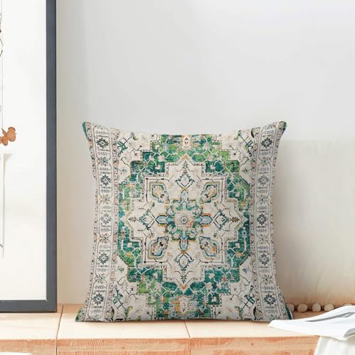 Boho Pillow Covers 18x18 Set of 2, Bohemian Carpet Pattern Green Decorative Throw Pillows Vintage Farmhouse Outdoor Farmhouse Pillows for Sofa Couch Bedroom Decor - color: Green1, size: 18" x 18" (Pack of 2)