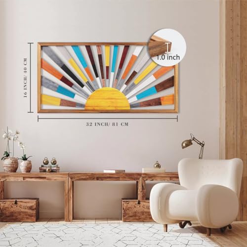 IARTTOP Large Boho Sun Wall Art Framed Wooden Art Wall Decor Rainbow Sun Rising On The Horizon Geometric Line Sunshine Wall Art for Living Room Bedroom Office 16"x32" - color: Colorful Sun, size: 32"L x 16"W