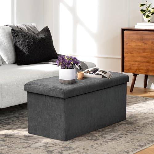 Athena Collection 30" Storage Ottoman Bench Folding Bench with 90L Hidden Storage, Large End of Bed Bench Linen Foot Rest Stool Chest with Flipping Lid for Living Room, Bedroom, Entryway, Dark Gray - color: Dark Gray, style: 30" Linen