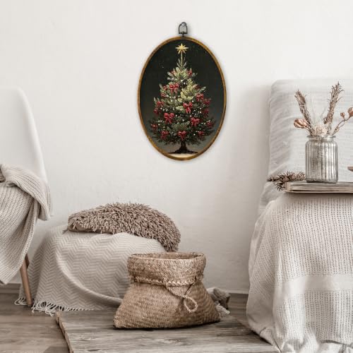 XPH Vintage Moody Christmas Tree Oval Wall Art Framed 8.6x11.4 Inch - color: Christmas50