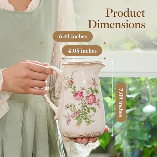 Vintage Rose Flora Ceramic Vase with Handle, Retro Ice Glazed Crack Farmhouse Pitcher Vase for Home Decor, Living Room, Shelf, Office, Rustic Table Centerpiece 7 Inch - color: Pink Flora, size: Small Pitcher