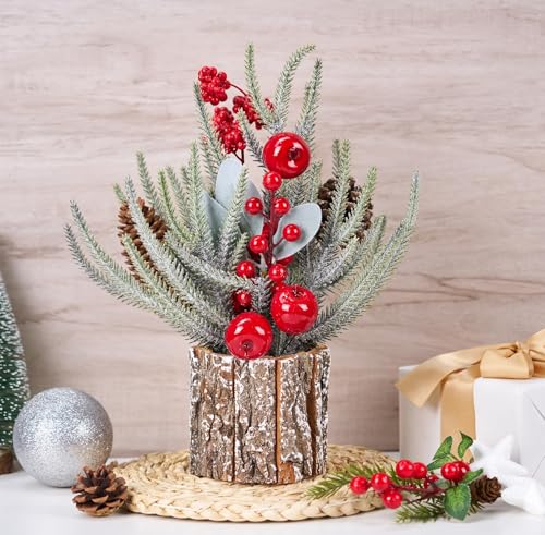 13.8" Small Christmas Tree Tabletop Christmas Centerpieces with Xmas Ornaments Pinecone Berry for Table Desk Christmas Decorations Winter Holiday Decor Indoor