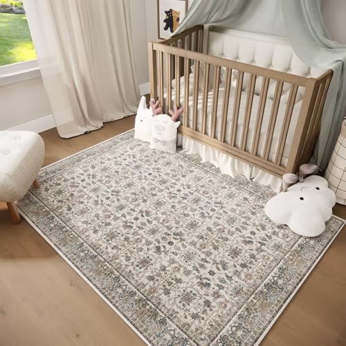 Washable 4x6 Rug, Distress Non-Slip Area Rugs, Cream/Light Blue - color: Cream/Light Blue, size: 4' x 6' (Rectangular)