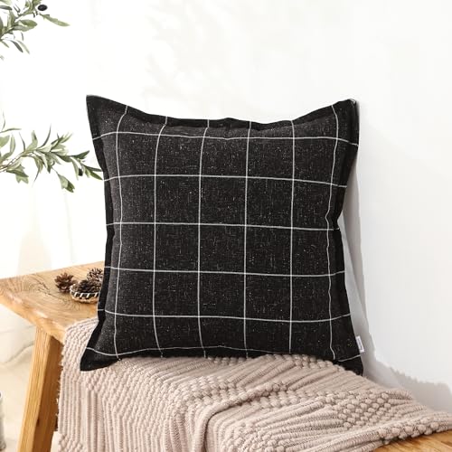 Pure Linen Plaid Throw Pillow Covers 16x16, Set of 2, Black - color: Black, size: 16x16inch