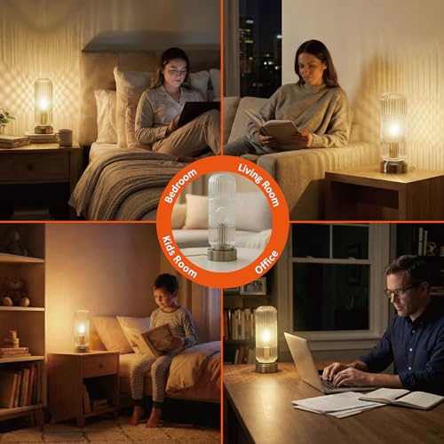 Buruis 11.6 Inch Touch Dimmable Table Lamp with Ribbed Glass Shade, Clear - color: Clear