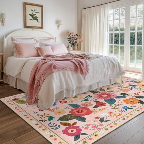 RELEANY Floral Washable 5x8 Area Rugs Pink - color: Pink, size: 5' x 8' (Rectangular)