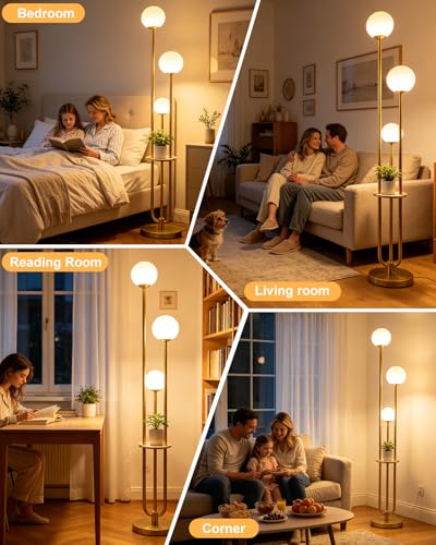 Lightdot Gold Globe Floor Lamp 3-Lights Dimmable Floor Lamps with Tray& Bulbs Included Unique Floor Lamp Modern Standing Lamps with 5Lbs Heavy Base for Living Room/Bedroom//Sofa Beside/Corner Decor - color: 3 Globe-Gold Shelf