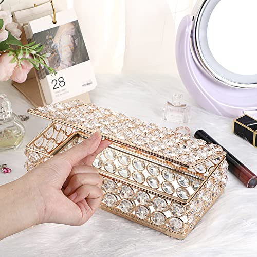ELLDOO Crystal Jewelry Box Rectangle Trinket Organizer Earrings Rings Box Treasure Box Storage Home Decor Accent Decorative Box with Lid for Valentine Wedding Christmas Birthday Gift, Gold
