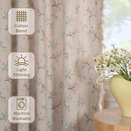 JOOJA Floral Boho Curtains, 2 Panels Semi-Blackout Vintage Window Drapes for Living Room 96 Inches Long Floral Patterned Farmhouse Curtains Rod Pocket Beige Curtains with Tassels for Bedroom 59x96 - color: Beige Floral, size: 59"W x 96"L (Pack of 2)