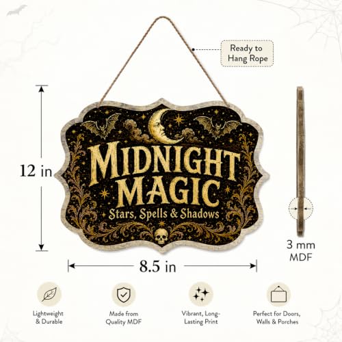 Midnight Magic Halloween Hanging Sign for Front Door, Vintage Witchy Moon Bat Wall Decor, Rustic Farmhouse Halloween Wooden Plaque With A Rope for Indoor Outdoor Seasonal Home Decoration(D05) - color: Midnight Magic