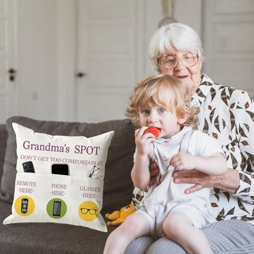 ONFAON Grandma Gifts, Grandma's Spot Throw Pillow Covers 18x18 Inch,Put Phone Glasses and Remote Control Pillowcase,Birthday Christmas Thanksgiving Day Gifts for Grandma Mom,3-Pocket - color: Grandma 3-pocket
