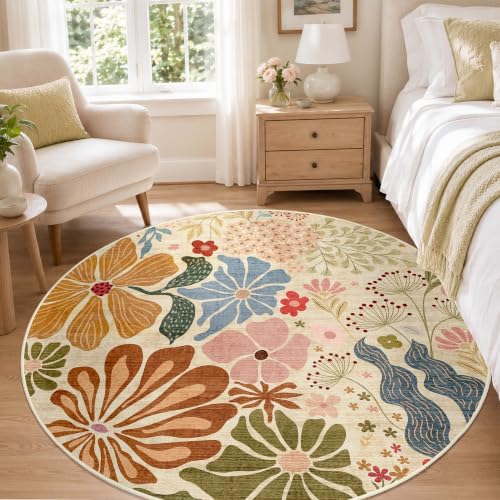 MUJOO Round Rug 5ft,Circle Washable Area Rug Non Slip Low-Pile Floral Beige - color: Beige, size: 5' (Round)