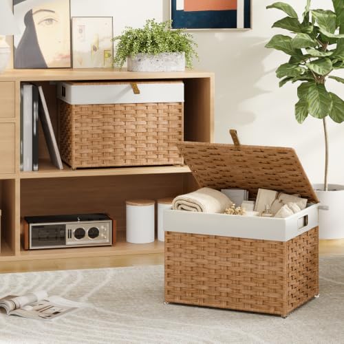 HOOBRO Storage Basket with Lid, 9.5 Gallon (35L) Wicker Basket, Handwoven Blanket Storage Basket with Handles, Metal Frame and Soft Lining, Foldable for Bedroom, Laundry Room, Natural NL334CW01 - color: Natural, size: 15.7"L x 11.4"W x 12.2"H