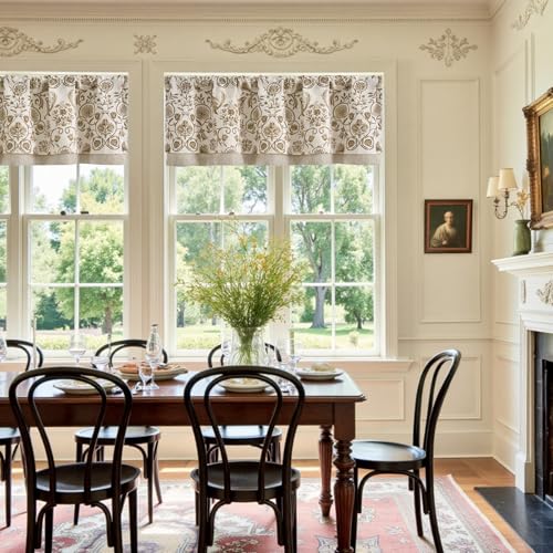 Vangao Linen Valance Kitchen Curtain Double Layer 16 Inch for Living Room Bedroom Bathroom Cafe Window Treatment Vintage Rustic Farmhouse Cottagecore Rod Pocket 1 Panel Taupe on Beige - color: Double Layer | Bloom Taupe, size: 50"W x 16"L (Pack of 1)