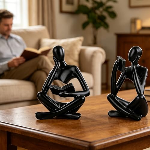 2-Piece Black Resin Seated Reading Figurines with Books, Bookshelf Decor - color: Black