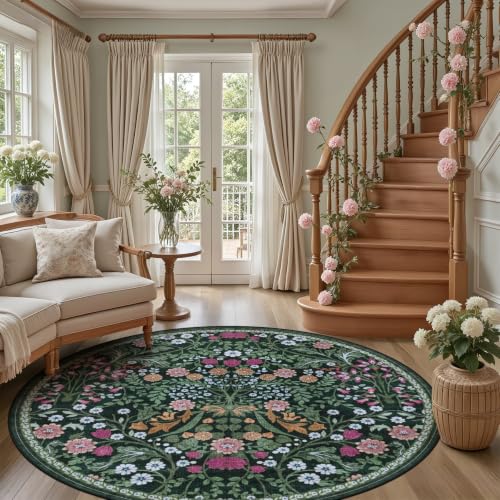 PLHXFR Round Area Rug Living Room: 8 ft Floral Washable Carpet Dark Green - color: Dark Green, size: 8' (Round)
