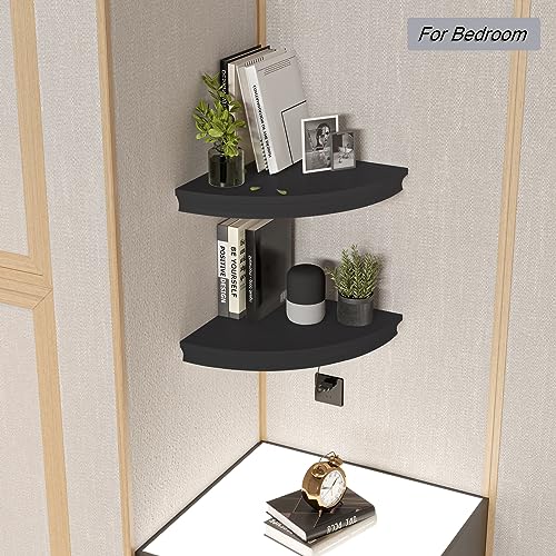 HAO Floating Corner Shelf Invisible Wall Mounted Shelves Radial Shape Cable Wire Hole Pattern Perfect for Bedroom Bathroom Living Room Kitchen Set of 2 Black - color: Black, size: 12 Inch Radial with Wire Cable Hole