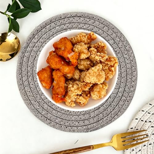 Gray Cotton Placemats Set of 4, 7 Inch Round Mats with Basket