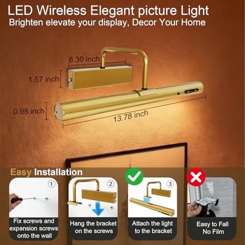 14-Inch Battery Operated Picture Light, Gold Finish Rechargeable Art Light - color: Brass