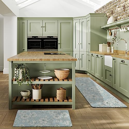 Laura Ashley - Anti-Fatigue Kitchen Mat, Iris Floral Design, Stain, Water & Fade Resistant, Cooking & Standing Relief, Non-Slip Backing, 2 Piece Set, Light Blue - color: Light Blue / Gray, size: 48"L x 17.5"W / 28"L x 17.5"W