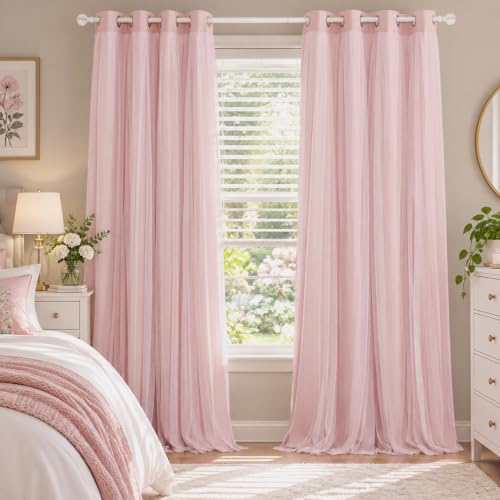 Blush Pink Blackout Curtains with White Sheer Overlay for Girls Bedroom - color: Blush Pink, size: 52"W x 72"L (Pack of 2)