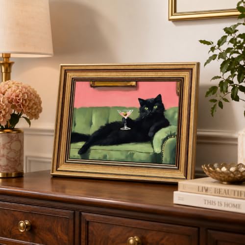 Devunaty Vintage Gold Framed Black Cat Martini Wall Art, Cocktail Bar Cart Wall Decor, Funny Cat On Green Sofa Canvas Print, Eclectic Whimsical Painting Picture For Bedroom Living Room Decor 12"x16" - color: Black Cat Martini, size: 16"L x 12"W