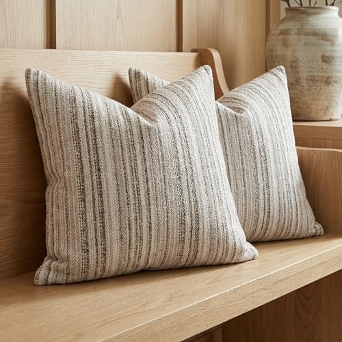 Set of 2 Striped Chenille Throw Pillow Covers 18x18 Inches Premium Plush Textured Decorative Cushion Covers Reinforced Hidden Zipper Mid-Century Modern Farmhouse Decor for Couch Sofa Beige - color: Beige, size: 18" x 18" (Pack of 2)