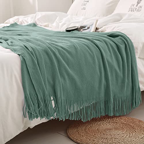Homiest Sage Green Knitted Throw Blanket with Fringe, 50x60 Inch - color: Sage Green, size: 50" x 60"