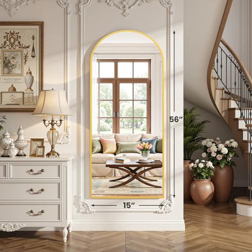 OLIXIS 56"x15.5" Arched Full Length Gold Floor Mirror for Bedroom - color: Gold-arched, size: 56.5"L x 15"W