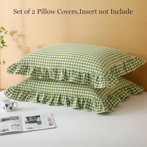 Silnuo Olive Green/White Gingham Ruffle Pillow Covers Queen Size 20"x30" - color: Green/White, size: Queen (20" x 30") - Set of 2