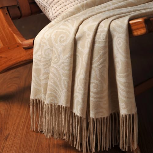 CUDDLE DREAMS Premium Cashmere Throw Blanket with Fringe (Paisley Beige) - color: Paisley Beige