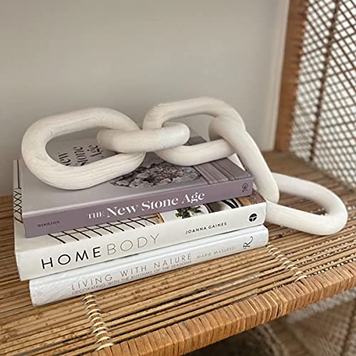 Hanlin Wood Chain Link Decor - Hand Carved Boho Decorative Chain, Farmhouse Decor, Sustainable Pine, Coffee Table Shelf for Home Living Room (White) - color: White