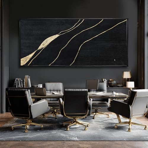 Black Gold Hand Painted Abstract Canvas Wall Art Living Room 32x70 Inch - color: Black, size: 70"L x 32"W