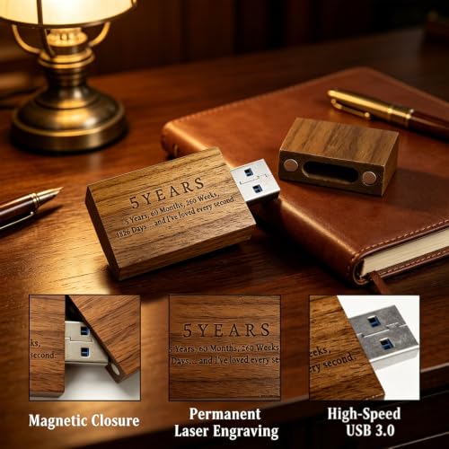 Wood USB Flash Drive 32GB USB3.0 with Gift Box for 5 Year Anniversary - color: Walnut(ANN5 Block USB+box-L), size: 32GB-3.0