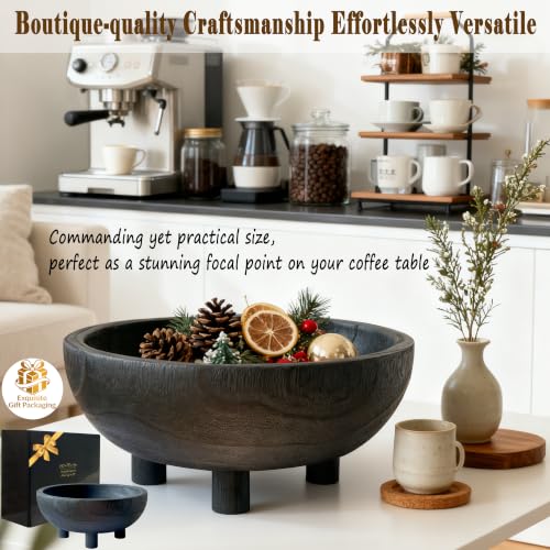 Premium 11" Large Charred Black Wooden Bowl Coffee Table Decor,Dining Decor Centerpiece-Fruit,Snack,Serving Bowl for Kitchen Counter,Farmhouse&Home Decor,Wedding Display-Housewarming Gift - color: Charred Black, size: Large