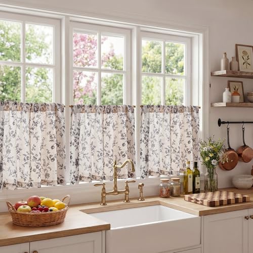 jinchan Floral Linen Kitchen Tier Curtains, 24 Inch, 2 Panels, Black - color: Amlie Black, size: 26"W x 24"L (Pack of 2)