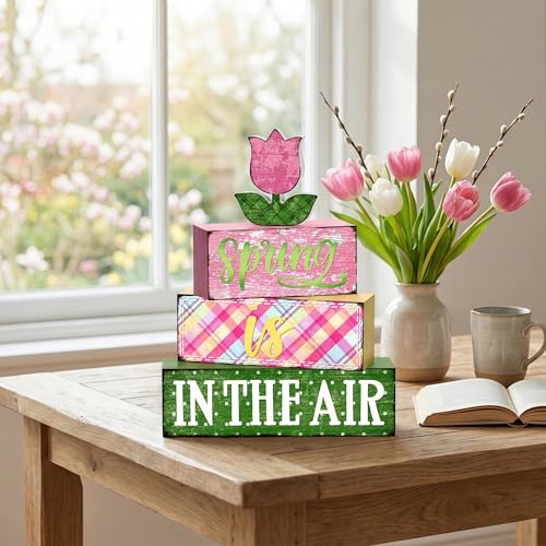 Britimes Tiered Tray Decor Set, 4 Pack, Wooden Table Sign, Spring Farmhouse - color: Spring Floral