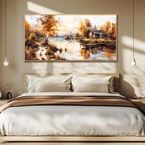 QIYILEXWART Canvas Wall Art For Living Room Wall Decor For Bedroom Office Wall Decoration Lakeside Cabins Autumn Landscape Painting Farmhouse Pictures Artwork Room Aesthetic Home Decor 20x40 In - color: Lakeside Cabins Autumn Print, size: 40"L x 20"W