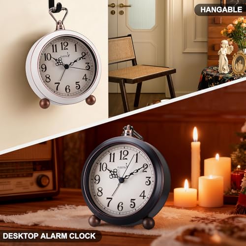 FLOITTUY 4.5" Battery Operated Antique Retro Analog Metal Alarm Clock, Silent Bedside Desk Clock, Wall-Hanging Vintage Clock(Vintage White) - color: Vintage White