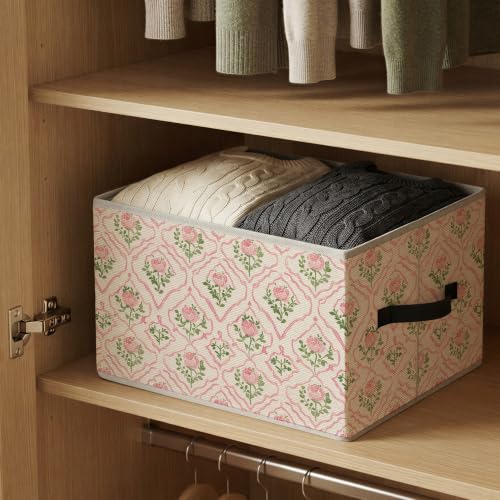 Grandmillennial Pink Rose Floral Storage Basket Organizer - color: Pink Rose