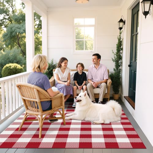 Outdoor Rugs, Red and White Area Rug Checkered 4’ x 6’ - color: Red & White, size: 4' x 6' (Rectangular)