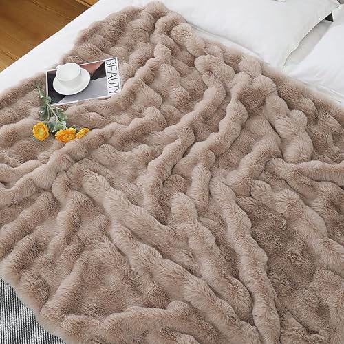 UKELER Faux Fur Throw Blanket Plush Thick Fleece Blanket Fluffy Cozy Soft Warm Blankets Throws for Bed, Couch, Sofa, Office, Camping 50''x60'' Camel - color: D-camel, size: 50''x60''